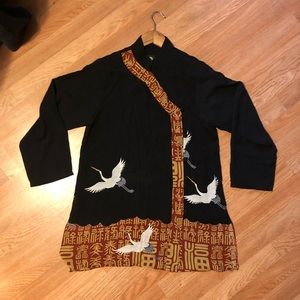 100% Silk Asian Crane Button Down Top